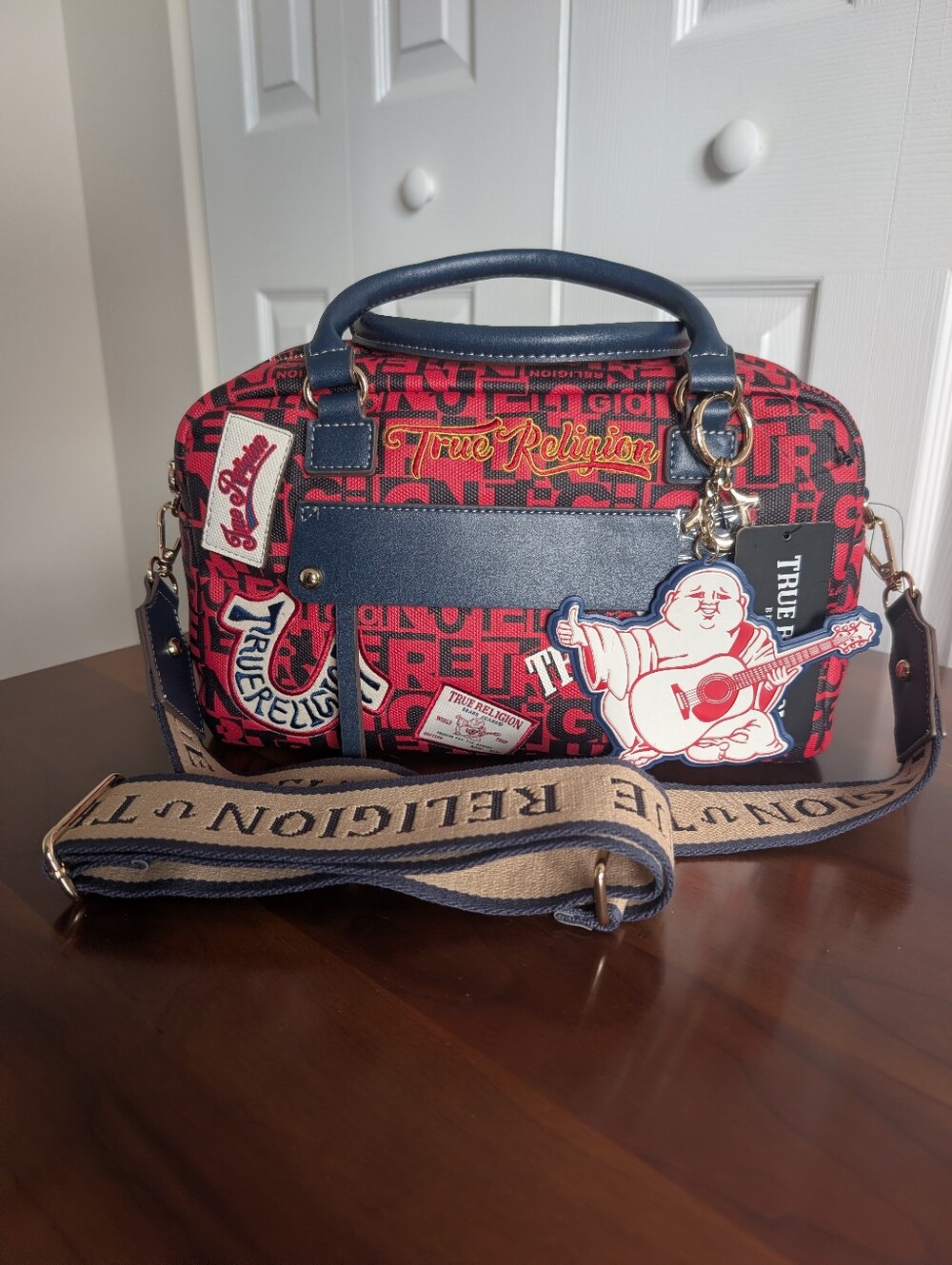 True Religion Multi Patch Graphic Faux Leather Satchel